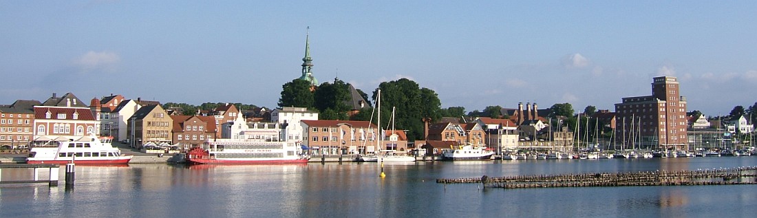 Vor der Silhouette von Kappeln ist in der Schlei der historische Heringszaun zu sehen.